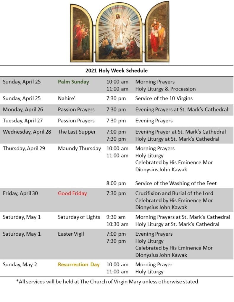Holy Week 2021 Schedule | Syriac Orthodox Church